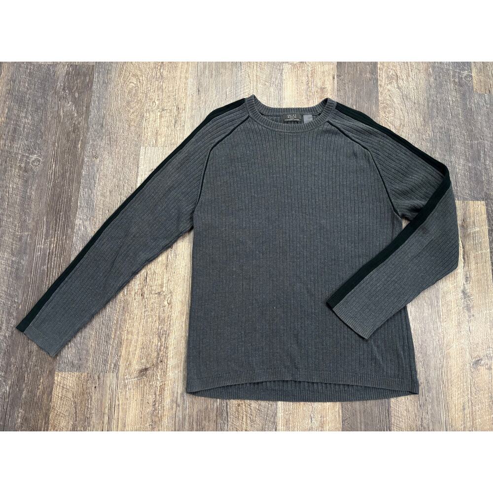 Crazy Horse‎ Mens XL Gray Ribbed Knit Sweater Black Racing Stripe Crewneck XL